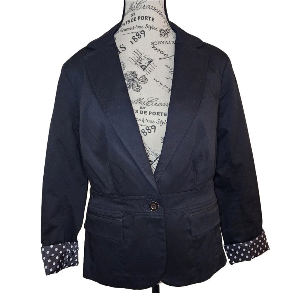 NY&C 7th Avenue Black Tailored Blazer Pink Trim Polka Dot Cuffs Size 8‎
